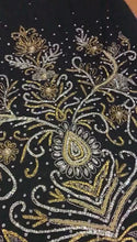 Load and play video in Gallery viewer, Exclusive Designer Applique Net Lace fabric with Silver Golden Glass Stone Beaded - AP025
