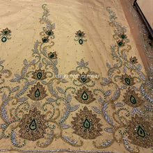 Load image into Gallery viewer, Champagne Gold Color NET fabric Crystal Stones Work Lace Applique  - AP016
