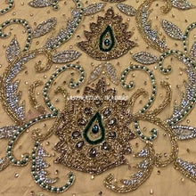 Load image into Gallery viewer, Champagne Gold Color NET fabric Crystal Stones Work Lace Applique  - AP016
