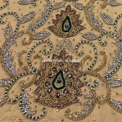 Champagne Gold Color NET fabric Crystal Stones Work Lace Applique  - AP016