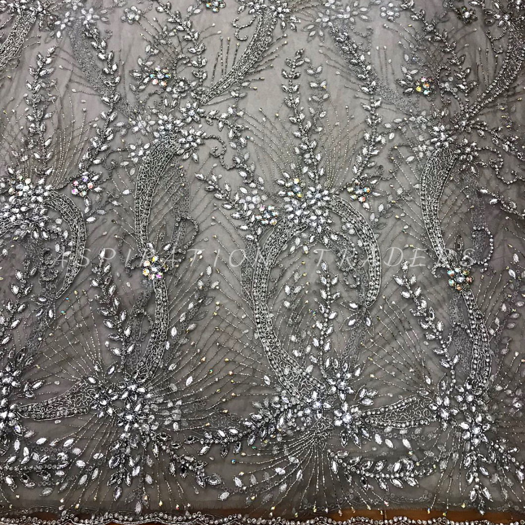 Silver Glass stones designer white net lace Applique - AP023