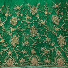 Load image into Gallery viewer, Nigerian Green NET lace with Golden Pearl Beaded Applique  - AP024

