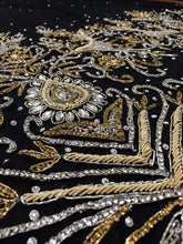 Load image into Gallery viewer, Exclusive Designer Applique Net Lace fabric with Silver Golden Glass Stone Beaded - AP025
