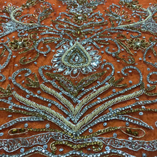 Load image into Gallery viewer, Exclusive Designer Applique Net Lace fabric with Silver Golden Glass Stone Beaded - AP025
