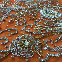 Load image into Gallery viewer, Exclusive Designer Applique Net Lace fabric with Silver Golden Glass Stone Beaded - AP025
