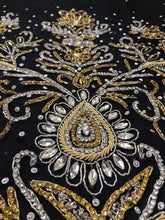 Load image into Gallery viewer, Exclusive Designer Applique Net Lace fabric with Silver Golden Glass Stone Beaded - AP025
