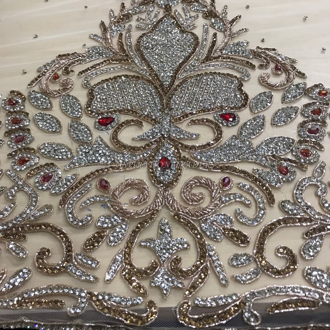 Exclusive Heavy Glass crystal Stone Sequence Beads beaded NET Lace Applique Design - AP027