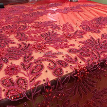 Load image into Gallery viewer, RED color Wtih All red Beads work Designer african net lace Applique Design - AP030
