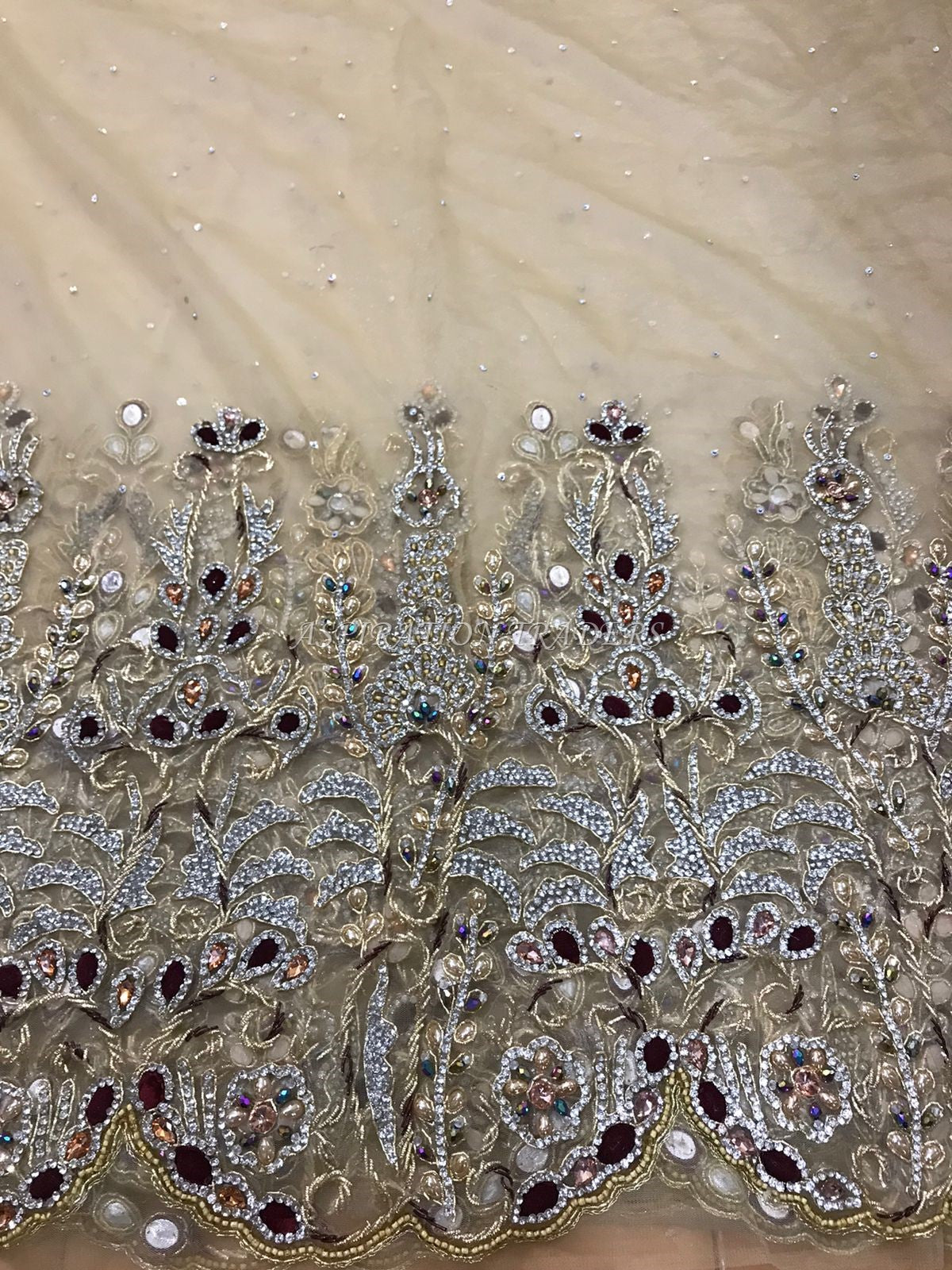Golde Color French Net Lace Crystal Stone Beaded Applique Design - AP0
