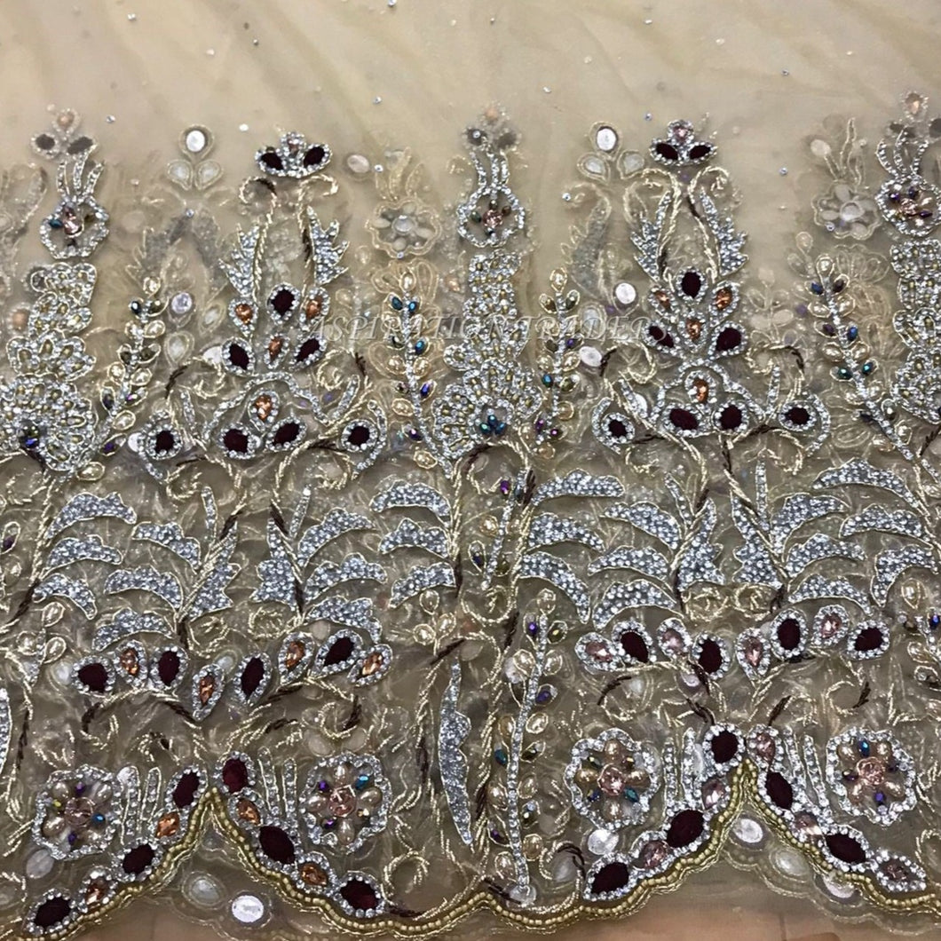 Golde Color French Net Lace Crystal Stone Beaded Applique Design - AP032
