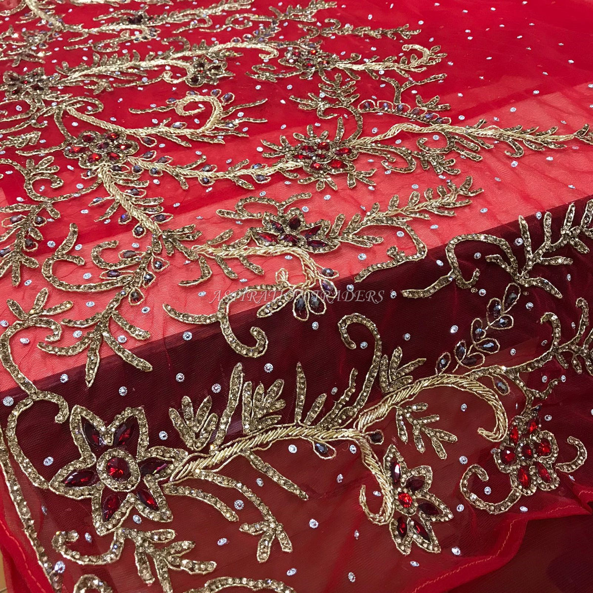 Beautiful RED Designer african net lace Crystal Stone work Applique Design - AP034
