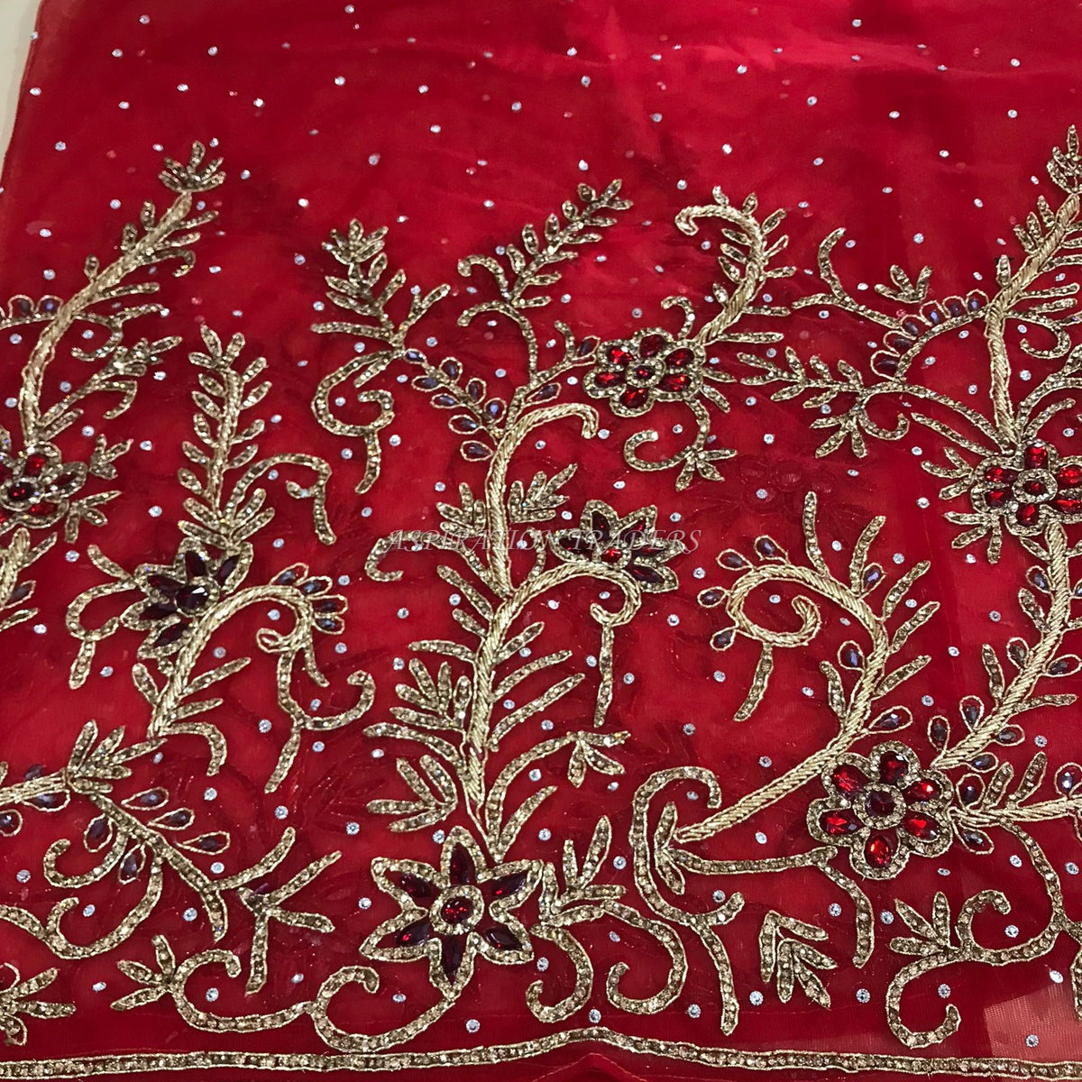 Beautiful RED Designer african net lace Crystal Stone work Applique Design - AP034