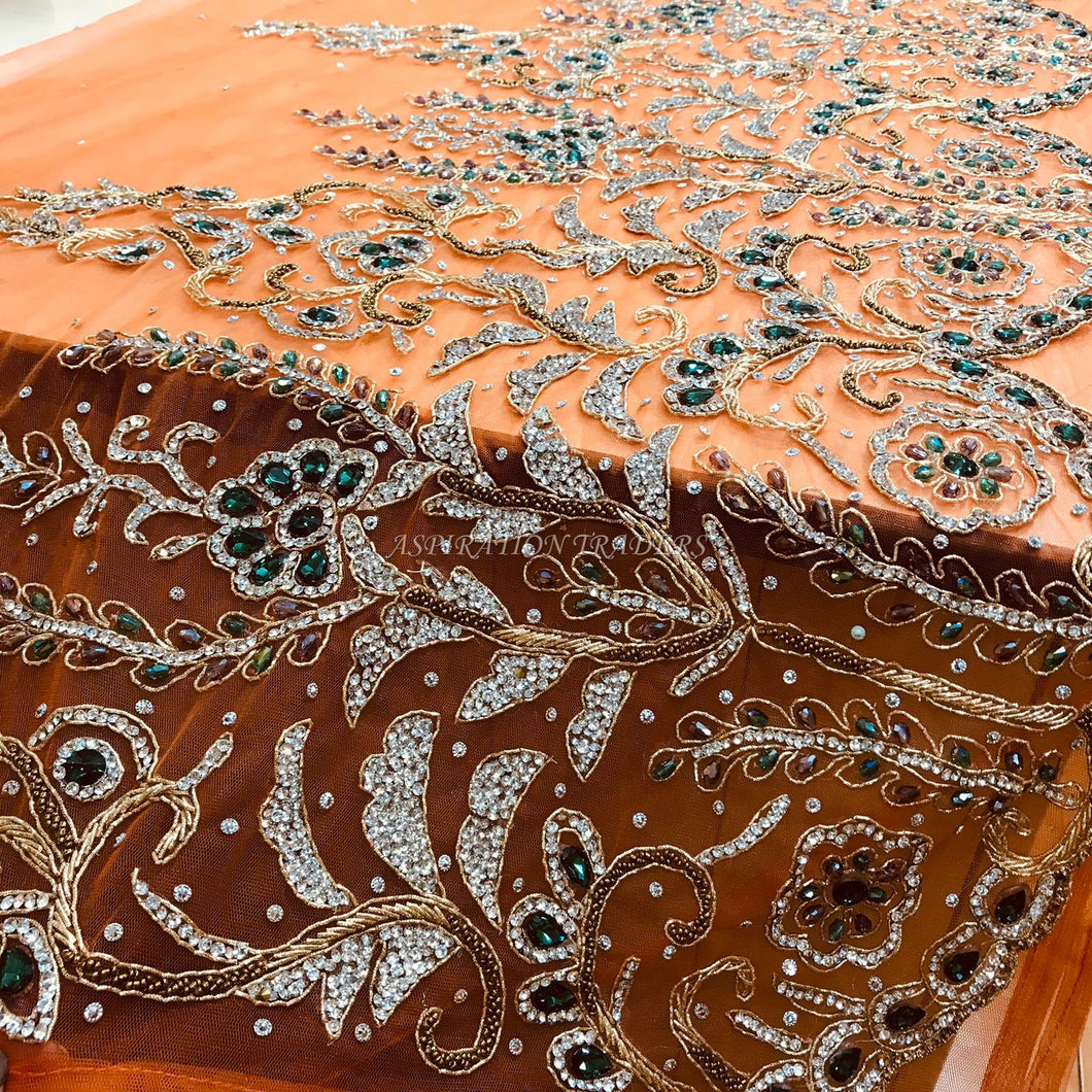 Exclusive orange color heavy beaded hand made crystal stone applique design - AP036