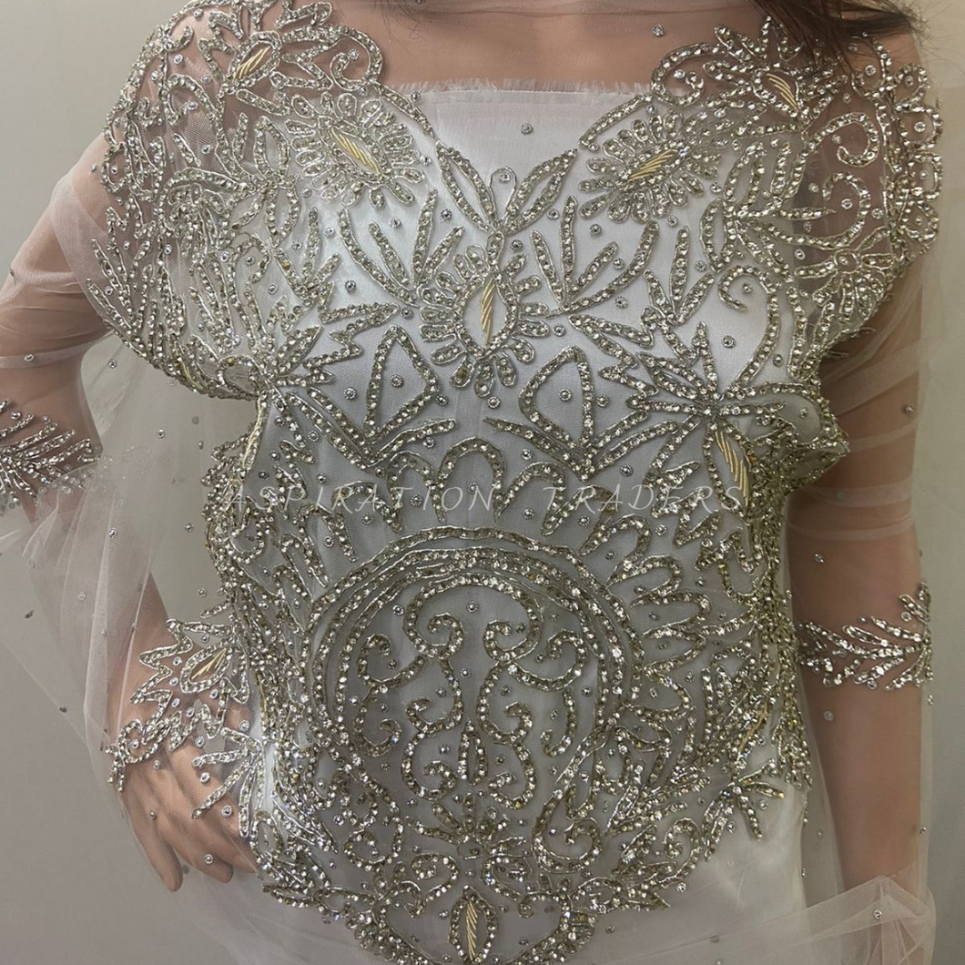 SILVER crystal Glass Stone Heavily beaded Net Lace Blouse - BB055