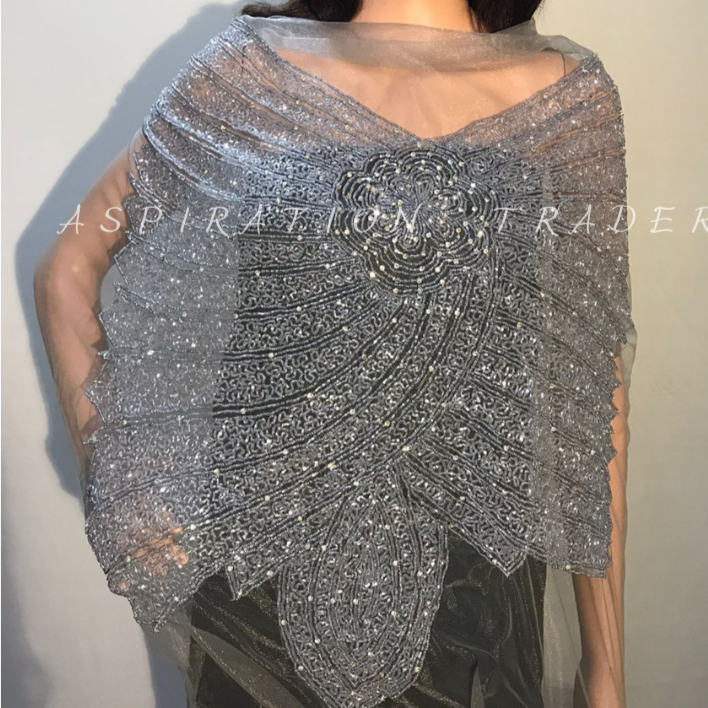 Designer Silver Color Sea Pearl Bead Ash Net Lace Beaded Blouse - BB057
