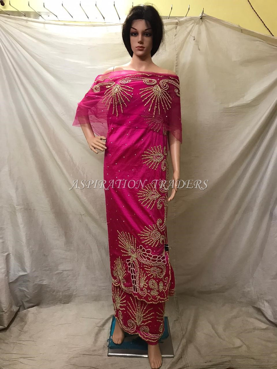 Fushia Pink L shape Design Beaded Georges wrapper with blouses - BG131 ...