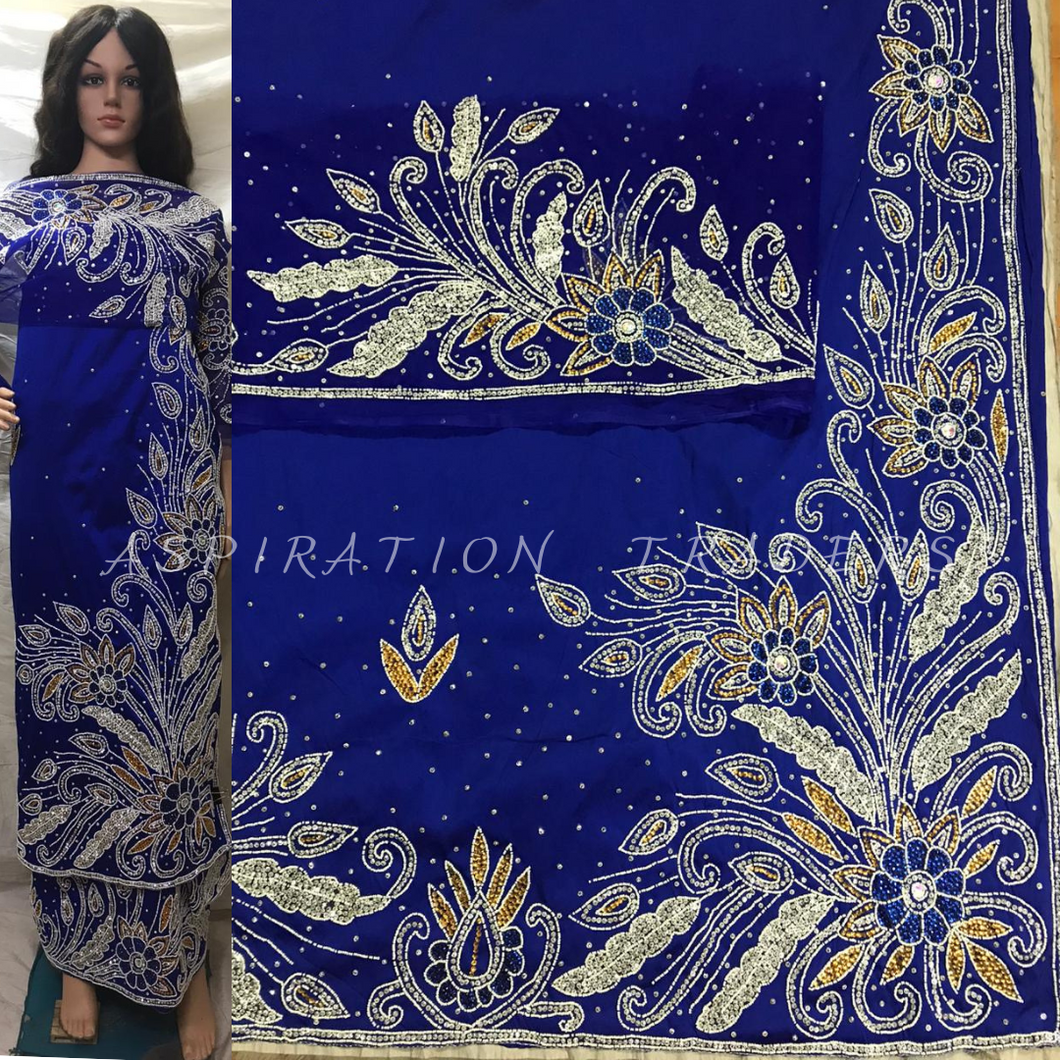 Royal Blue Side Border Design Hand Made Beaded Georges wrapper set - BG132