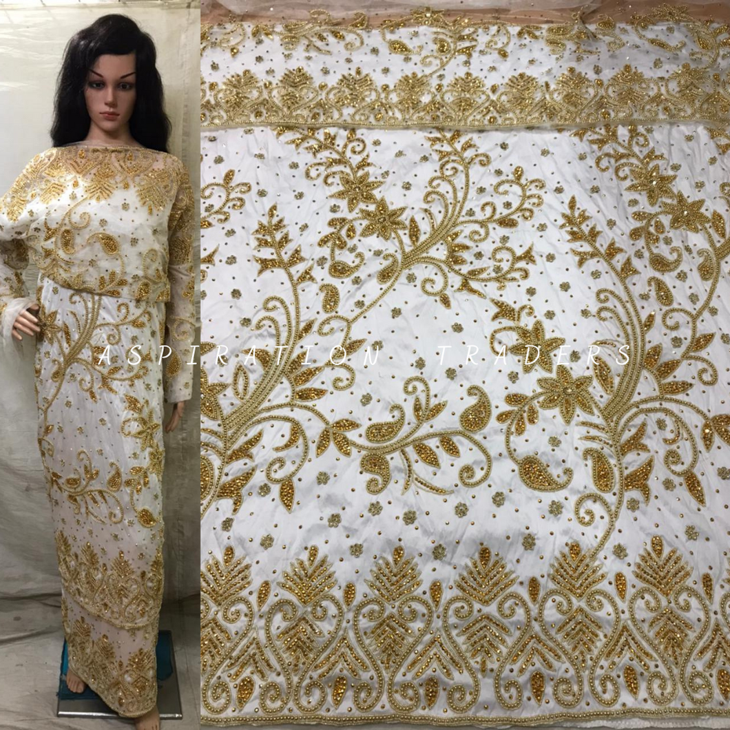 White color African Over all work Medium Beaded George wrapper with blouses - BG139