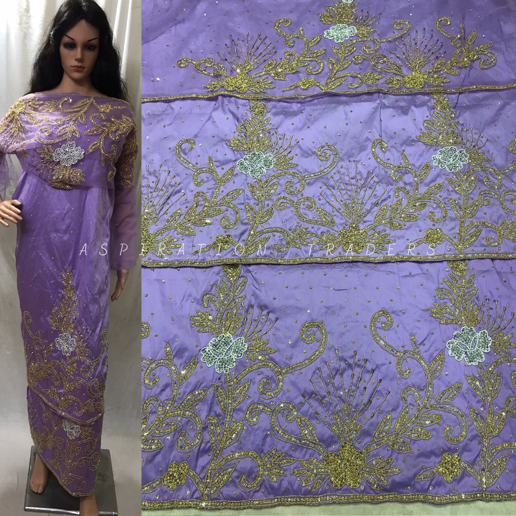 Beautiful Lilac Color Medium Beaded African Pattern Asobie George Wrapper Set - BG147