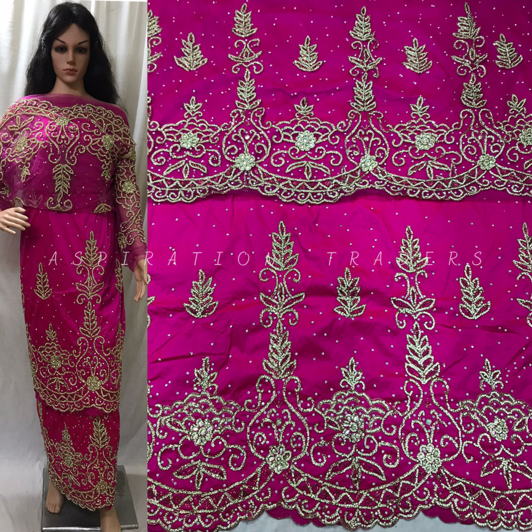 Beautiful FUSHIA PINK Silk Taffeta Fabric Beaded African George Wrapper Set - BG148