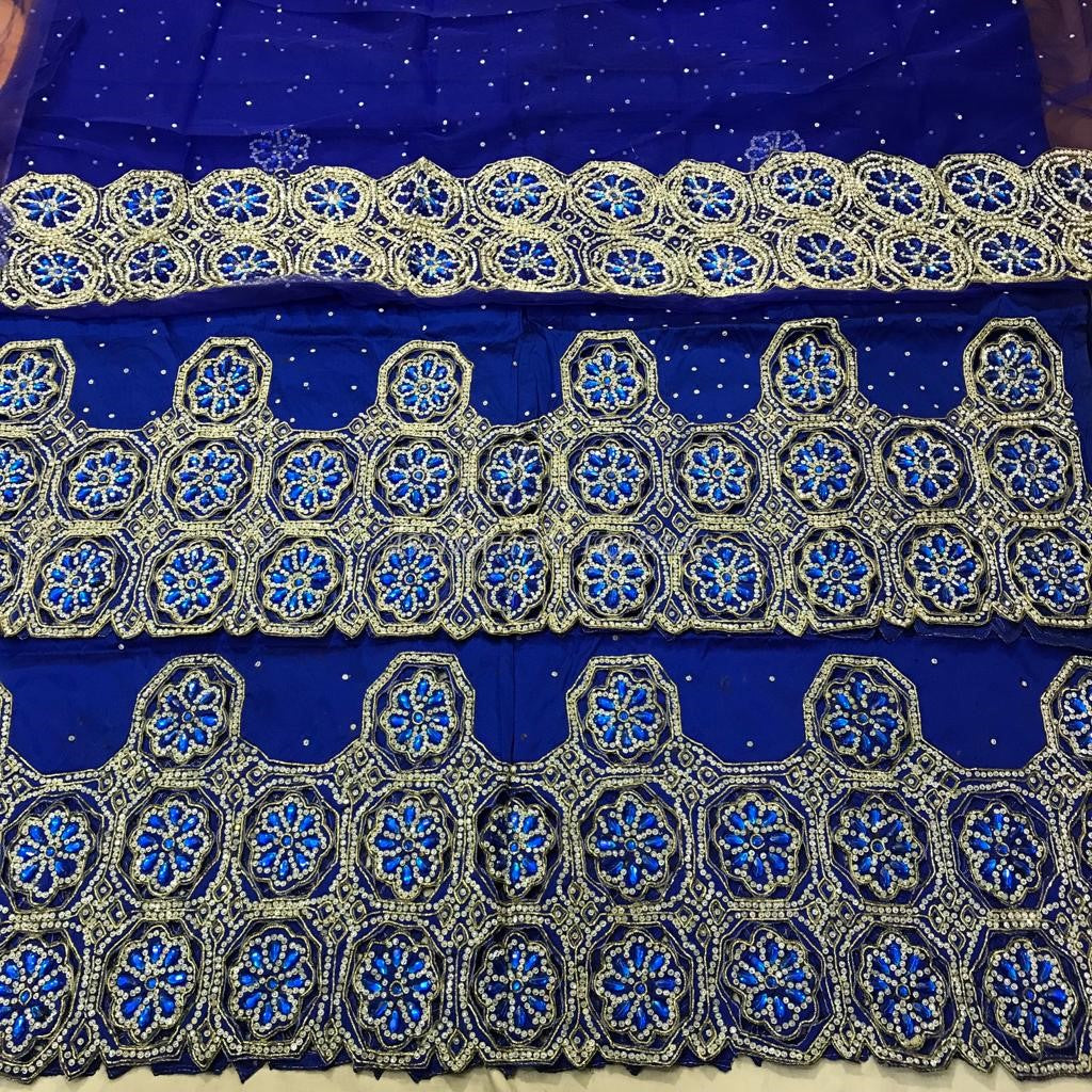 Royal Blue Color African Wedding Asobie Beaded George Wrapper Set - BG150