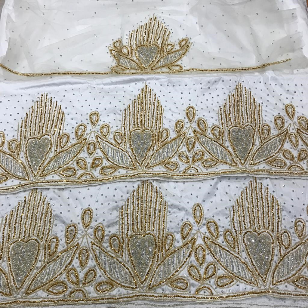 White color Fabric Golden Work Light weight African Uniform Goegre Wrapper Set - BG151