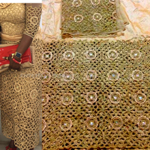Load image into Gallery viewer, GOLD COLOR African Pattern Heavy Beaded George Wrapper With Designer Cutwork- HB064
