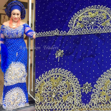 Load image into Gallery viewer, Beautiful Royal Blue Heavy Beaded VIP Madam Silk George Wrapper- HB113

