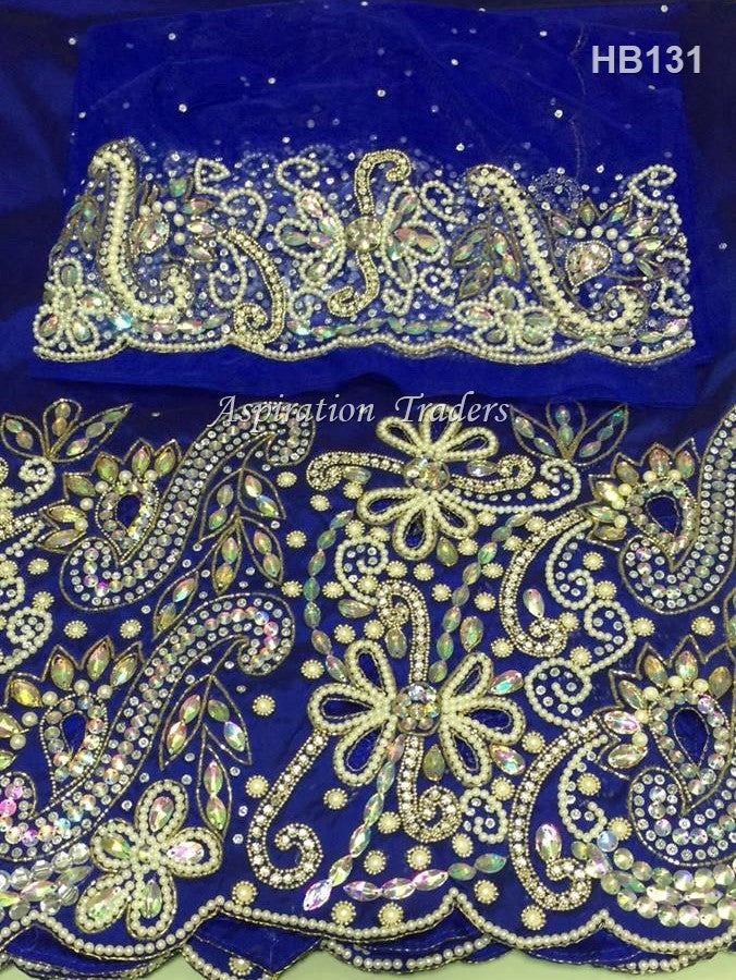 Royal Blue Heavily Beaded Igbo Wedding George Wrapper With Blouse - HB131