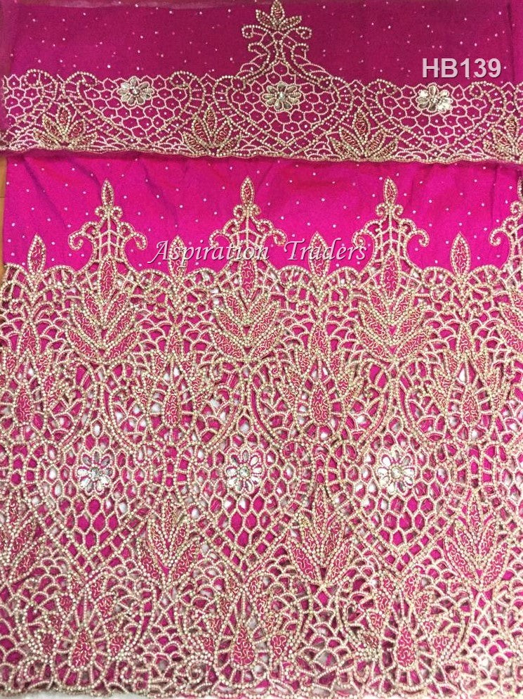 Fushia Pink Heavily Beaded Nigerian Wedding Wrapper With Netlace Blouse- HB139