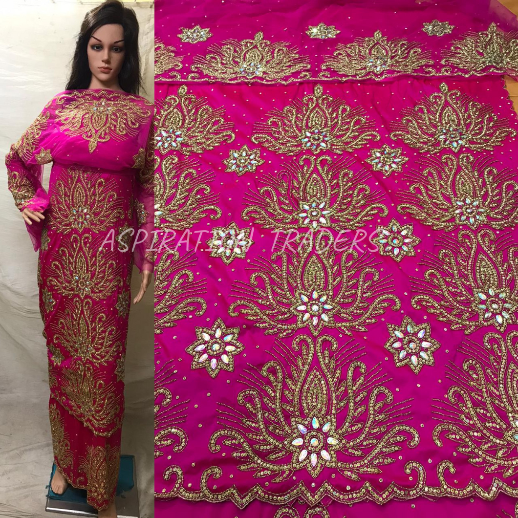FUSHIA PINK  African wedding George wrapper with Blouse Fabric - HB149