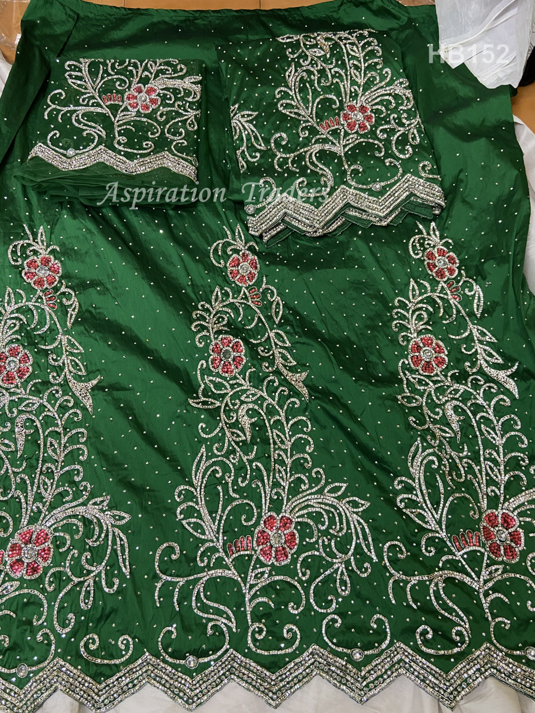 Nigerian Green Crystal Stone Work George Wrapper With Blouse- HB152
