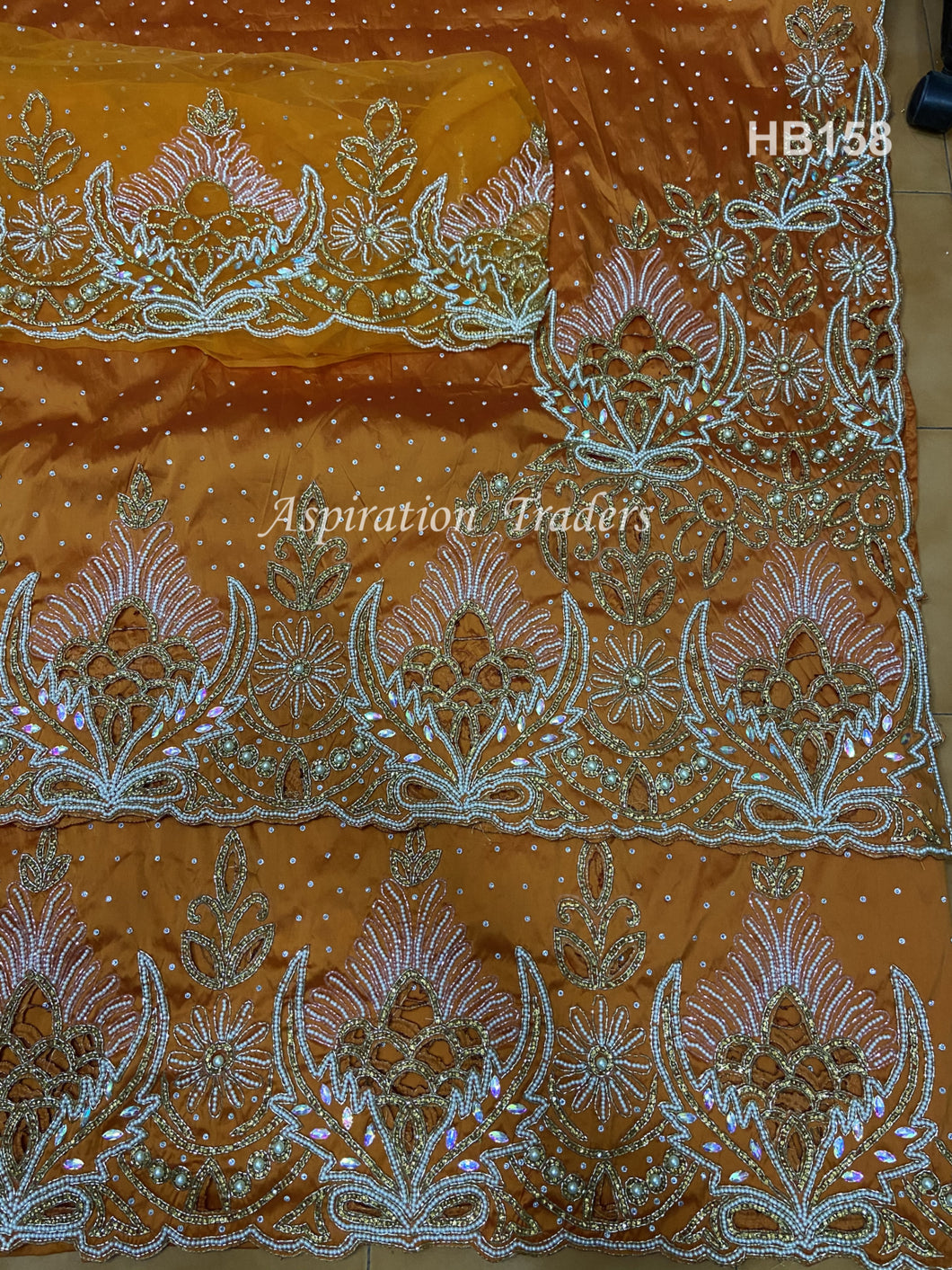 Orange Color Beautiful Heavy beaded Nigerian Wedding VIP George Wrapper - HB158