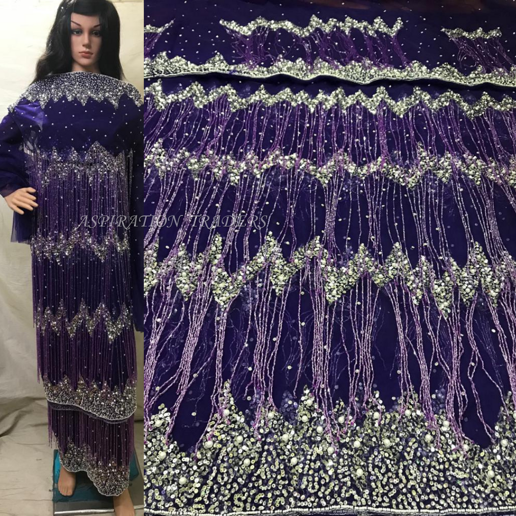Trending Fringes Style Purple color Heavy Beaded VIP George Wrapper With Blouse- HB174