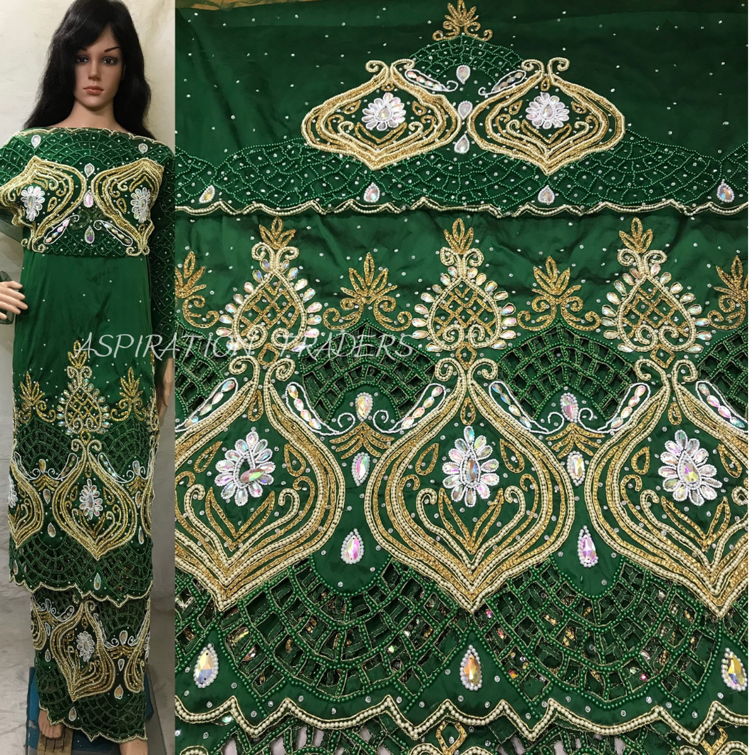 Beautiful Nigerian Green Heavy Beaded New Design VIP George Wrapper with Laser Cutwork- HB178