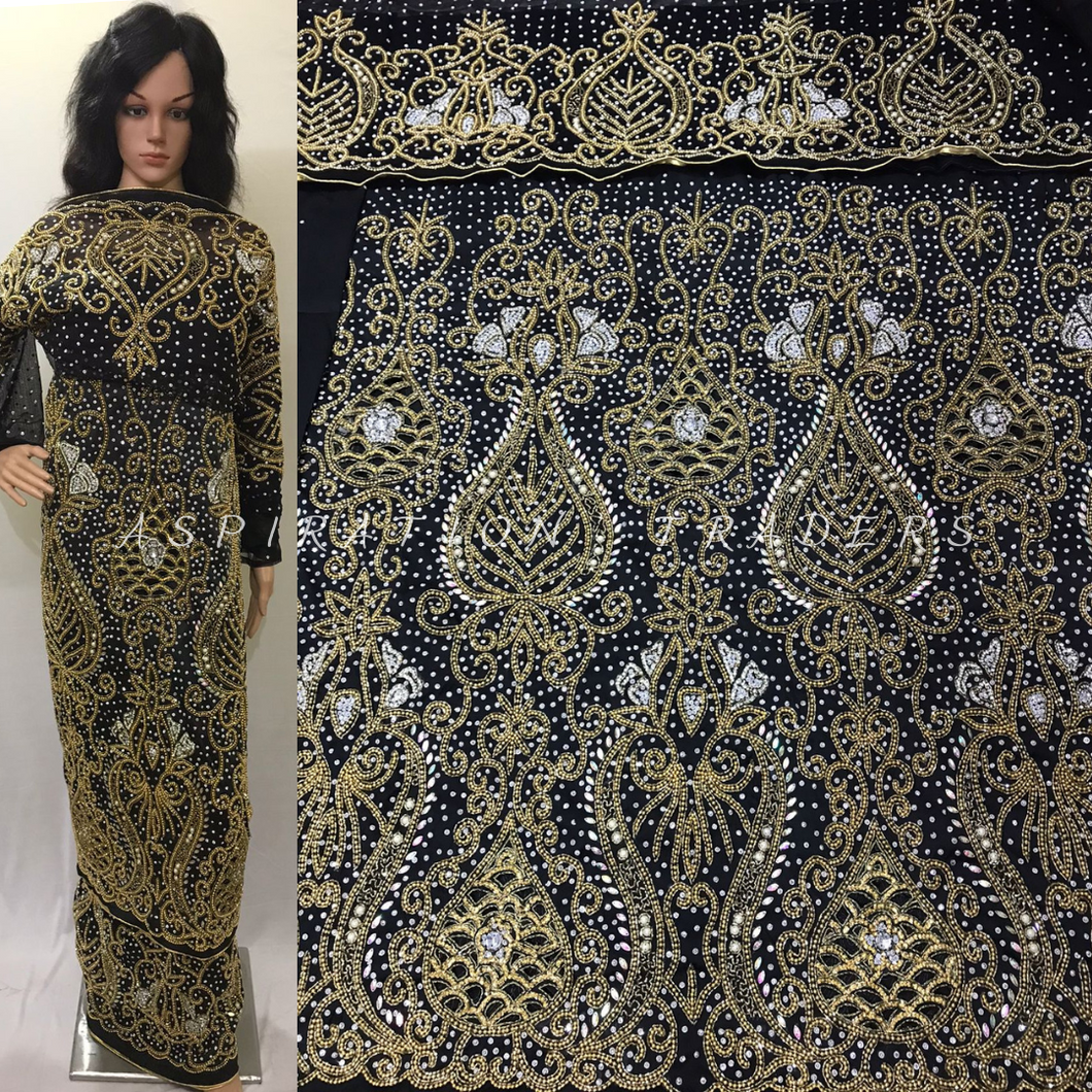 BLACK Silk Taffeta Nigerian Designer George Wrapper with Blouse - HBDG145
