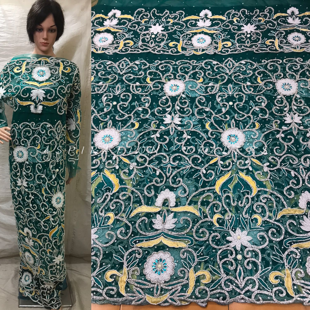 BOTTLE GREEN Beautiful Heavy Beaded Designer Taffeta Silk George Wrapper set - HBDG