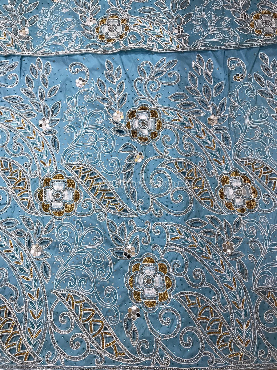 SKY BLUE Nigerian Beaded Designer George Wrapper set with Cutwork - HB ...