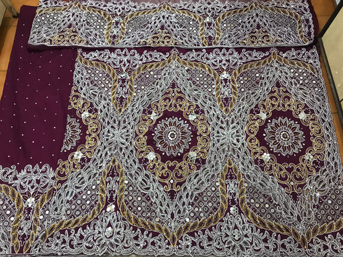 2021 NEW Designer Beautiful Wine color African royal fashion Heavy Beaded George Wrapper Set - HBDG149