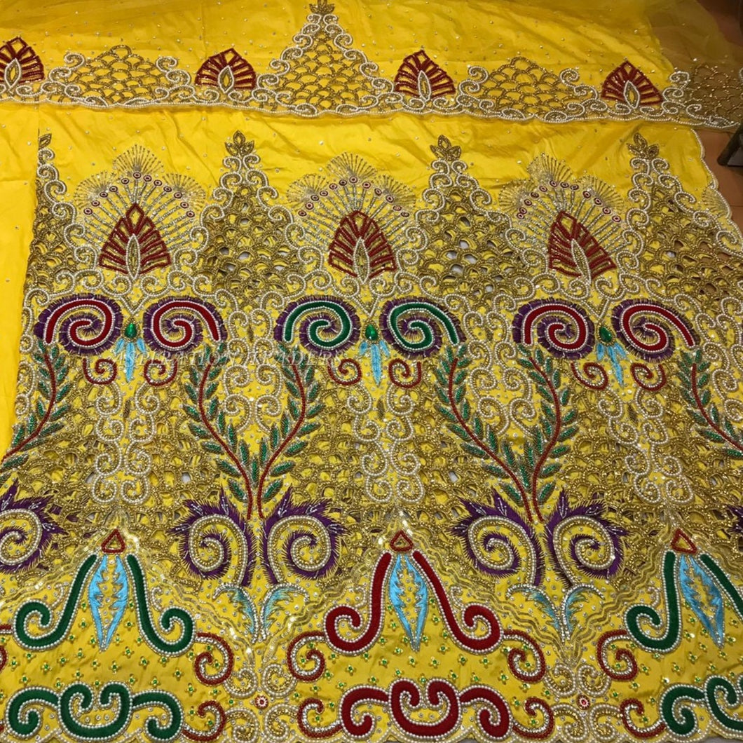 YELLOW Color African Traditional Wedding Heavy Beaded George Wrapper Set for Bride - HBDG155