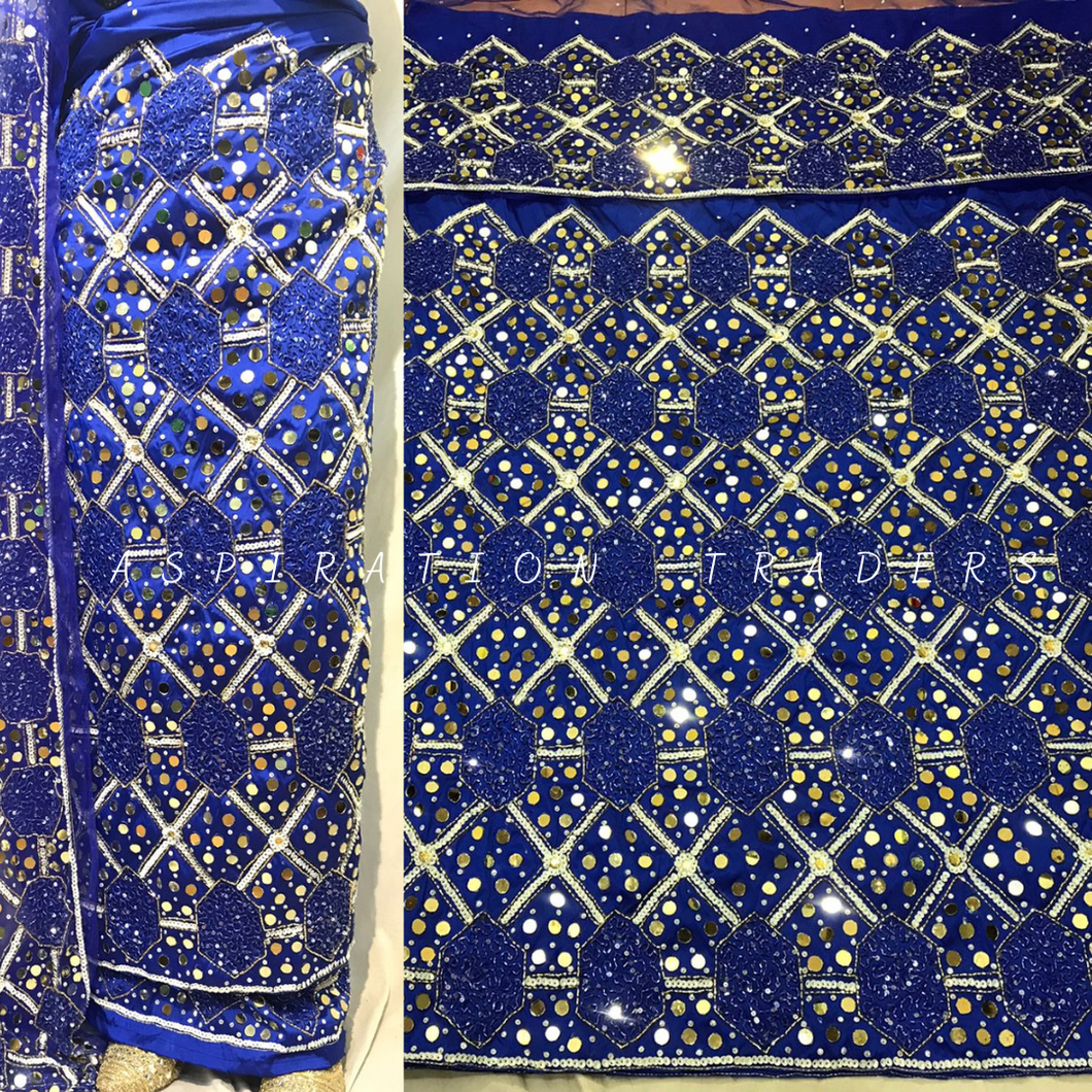 ROYAL BLUE Mirror Work Heavy Beaded African Wedding George Wrapper with Blouse - HBDG170
