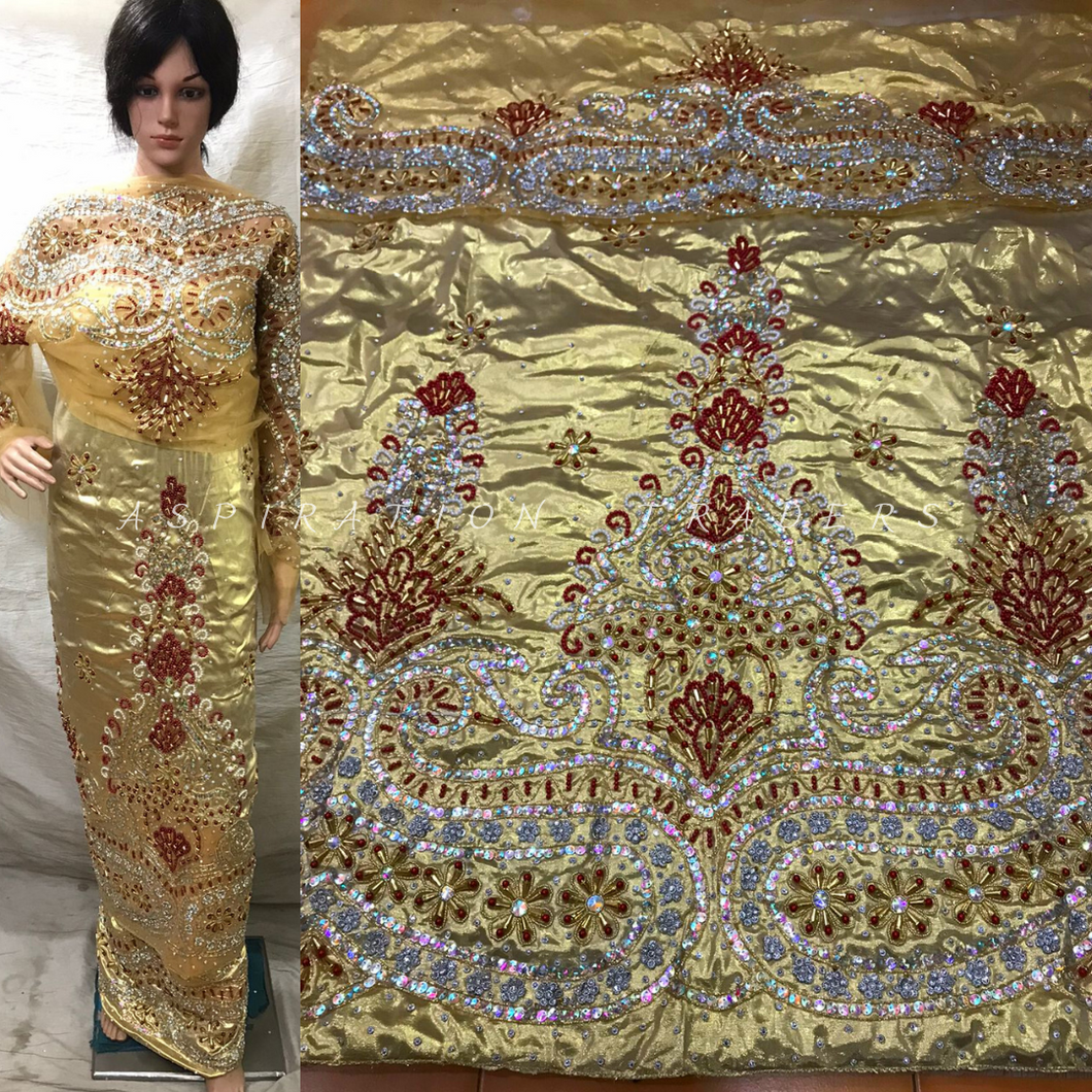 GOLD Shimmer fabric Heavy Beaded VIP George For Nigerian Wedding - HBMG008