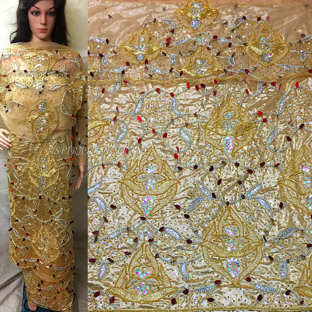 Gold Color Heavy Beaded Metallic George Wrapper With Blouse for African Bride - HBMG025