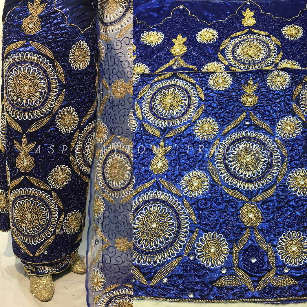 ROYAL BLUE Metallic/ Shimmer NIGERIAN Wedding George wrapper set - HBMG034