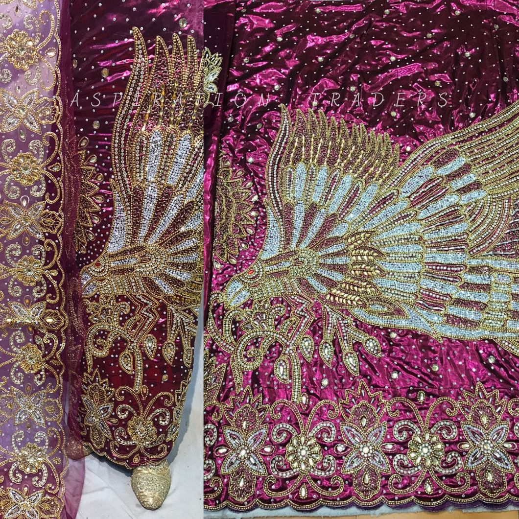 Eagle Design Wedding Mettalic Fabric Hand Beaded Work Geoorge wrapper Set - HBMG035