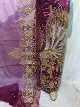 Load image into Gallery viewer, Eagle Design Wedding Mettalic Fabric Hand Beaded Work Geoorge wrapper Set - HBMG035
