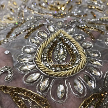 Load image into Gallery viewer, Exclusive Designer Applique Net Lace fabric with Silver Golden Glass Stone Beaded - AP025
