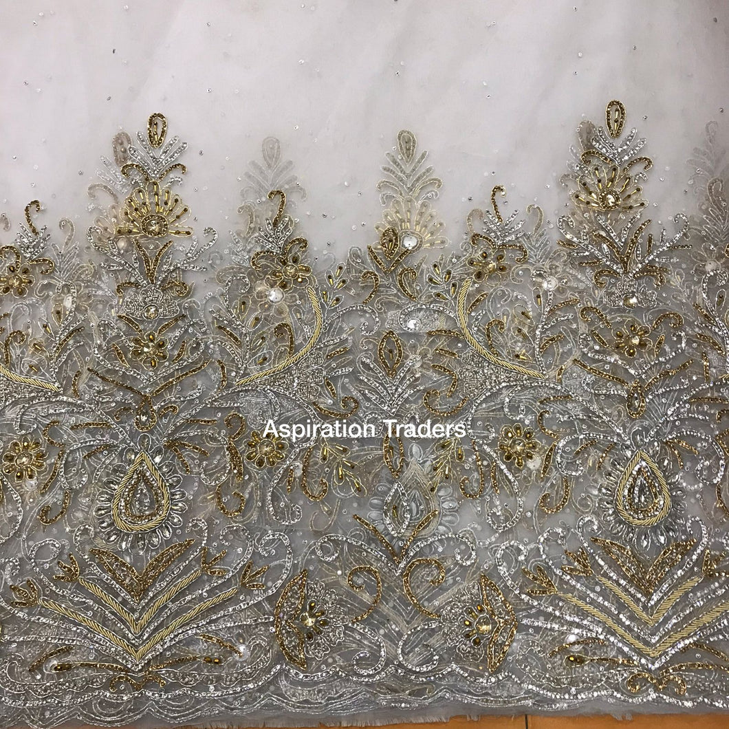 Exclusive Designer Applique Net Lace fabric with Silver Golden Glass Stone Beaded - AP025