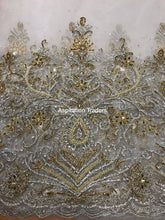 Load image into Gallery viewer, Exclusive Designer Applique Net Lace fabric with Silver Golden Glass Stone Beaded - AP025
