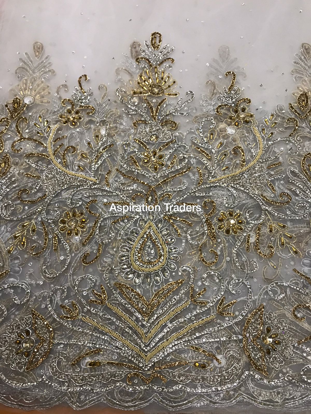 Exclusive Designer Applique Net Lace fabric with Silver Golden Glass S
